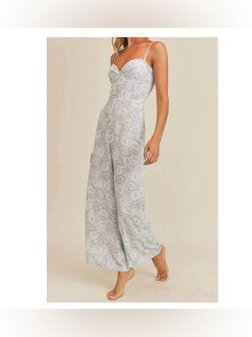 Sage The Label Feeling Fine Bustier Blue White Floral Cottagecore Jumpsuit Sz L